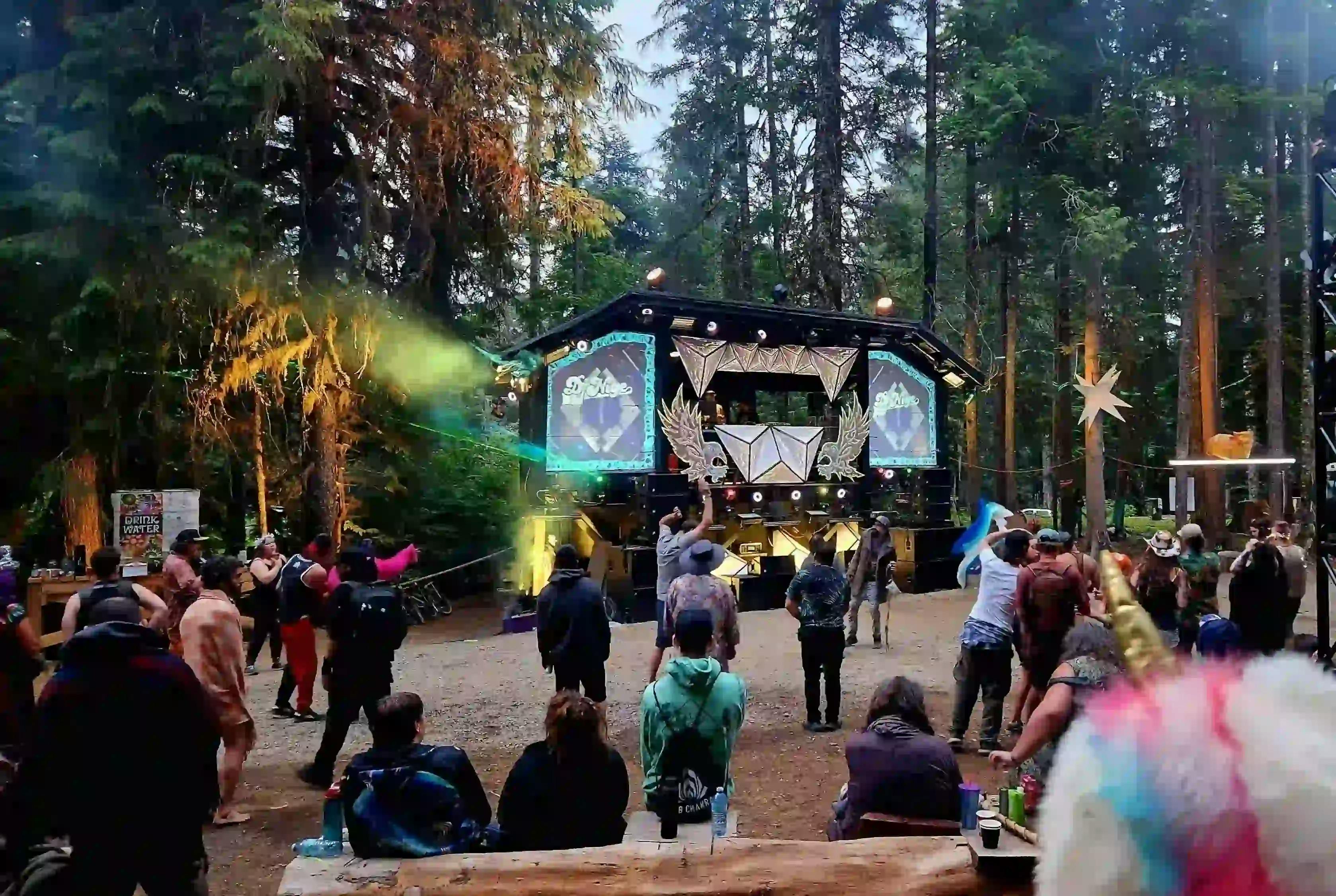 Evening view of a vibrant crowd gathered at the Asgard stage, with festival lights in full effect.