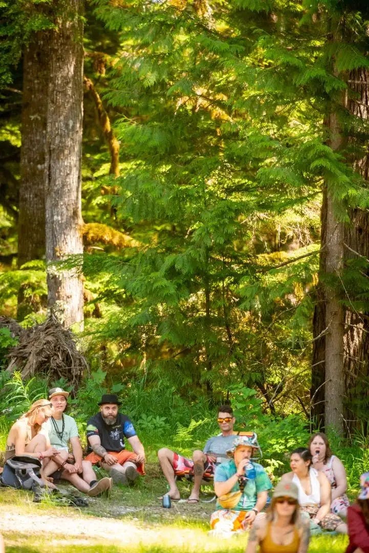 Group of festival-goers relaxing and socializing in a sunlit forest clearing.