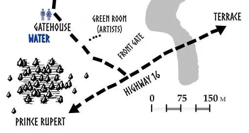 Stylized map indicating directions to a music festival with markers for gatehouse, water, artist's green room, front gate, highway, Prince Rupert, and terrace.