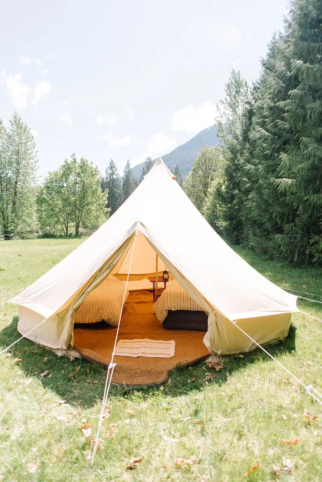 Spacious open tent entrance with a view of nature.