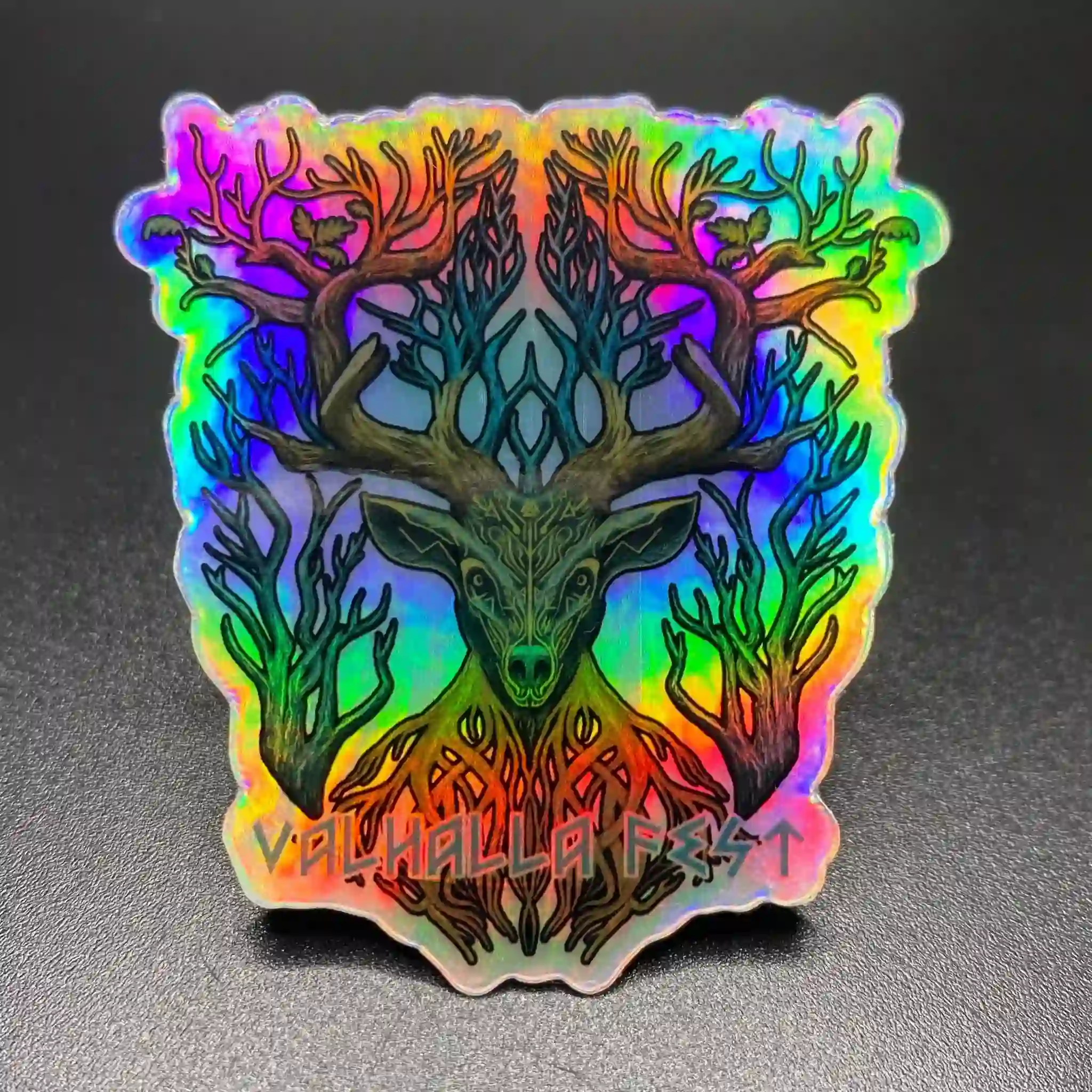 Iridescent ValhallaFest deer logo sticker.