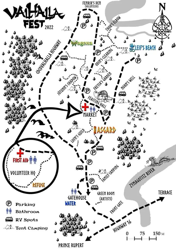 Stylized map of Valhalla Fest 2022 with key locations marked, including camping areas, stages, and facilities like first aid and food.