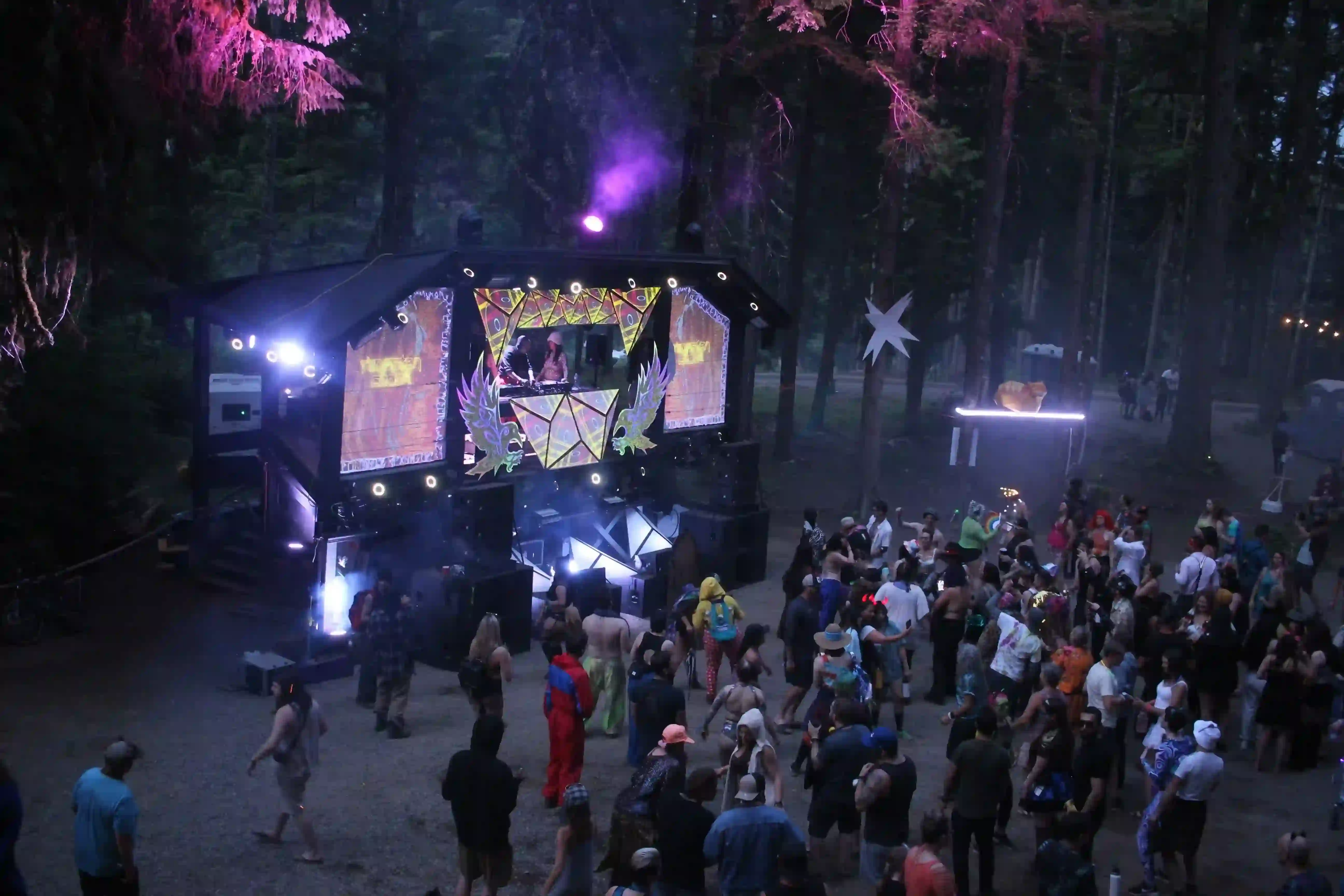 Asgard stage at night with dazzling light shows, lasers, and crowds enjoying the music.