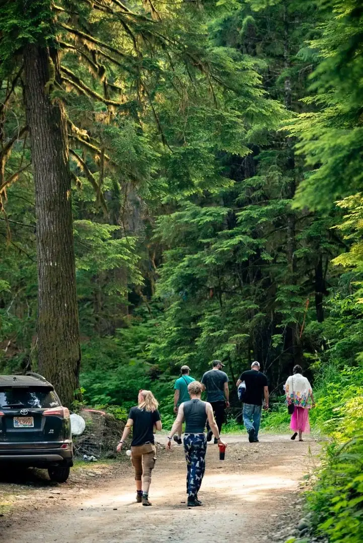 Camping at Valhalla with tents, campers, vehicles, and cabins in an old growth forest setting.