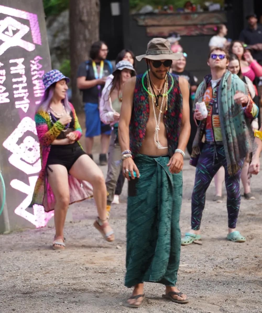 Various ValhallaFest moments with attendees, performances, workshops, and scenic forest views.