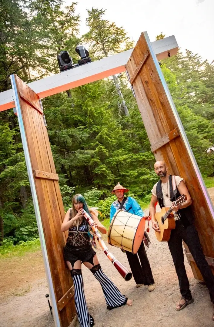 Various ValhallaFest moments with attendees, performances, workshops, and scenic forest views.